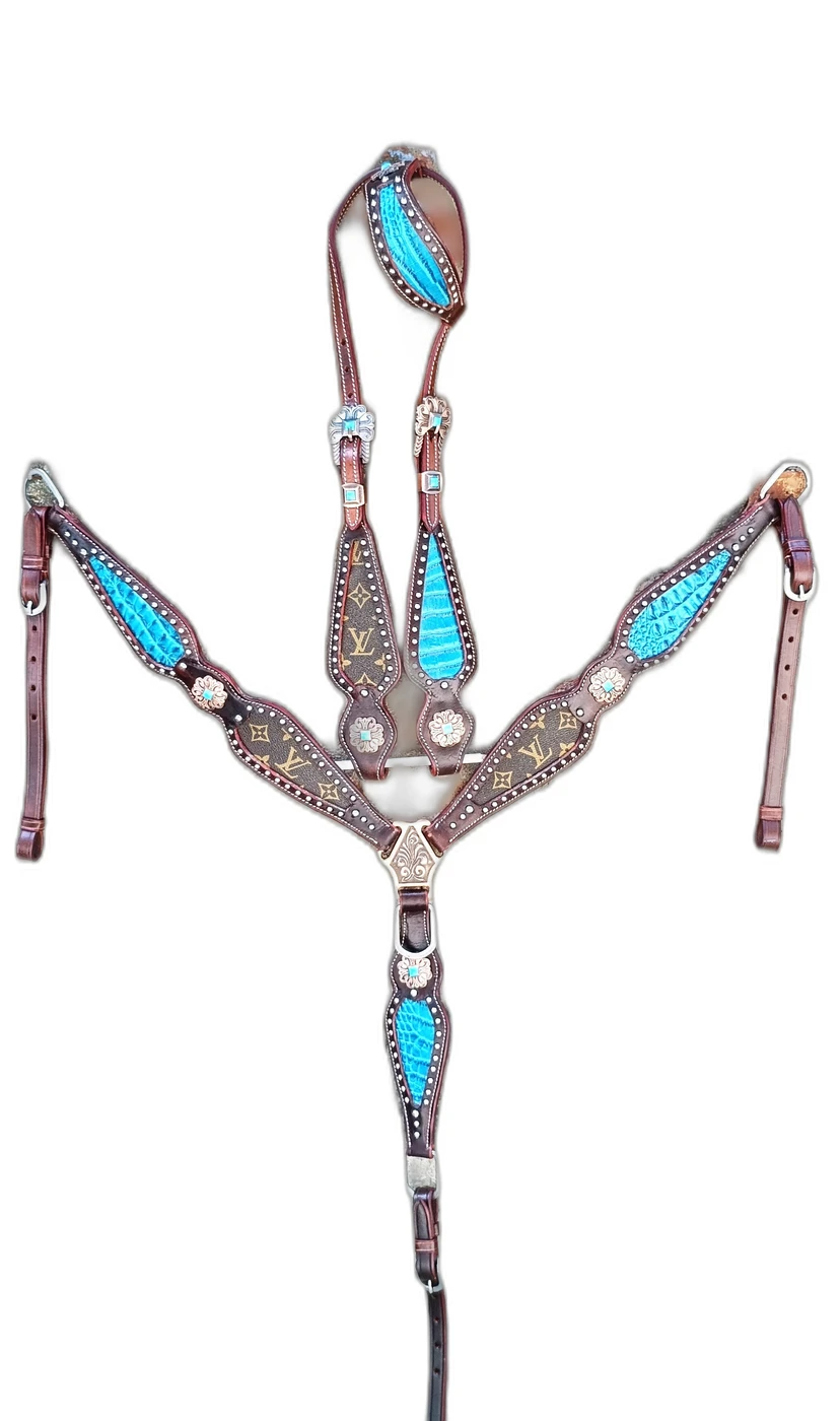 8jpg WILD RACE Headstall & Breast Collar Sets – Lv Croco Model - Handcrafted Equestrian Saddlery